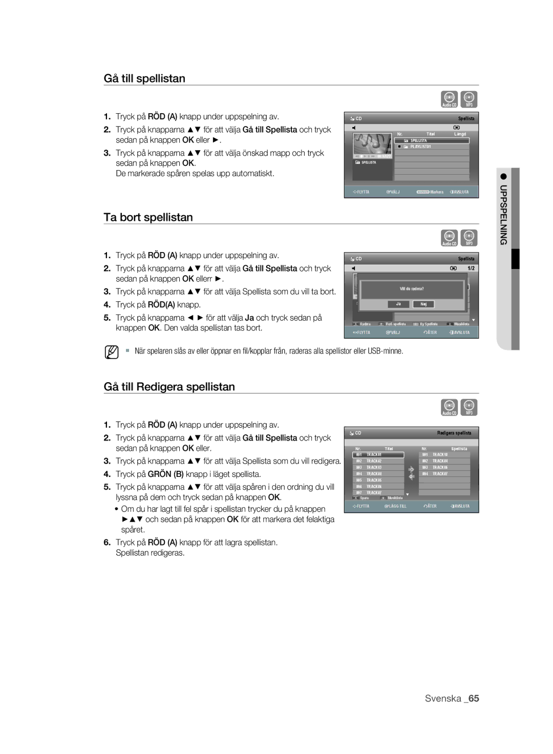 Samsung DVD-SH893A/XEE manual Gå till spellistan, Ta bort spellistan, Gå till Redigera spellistan 