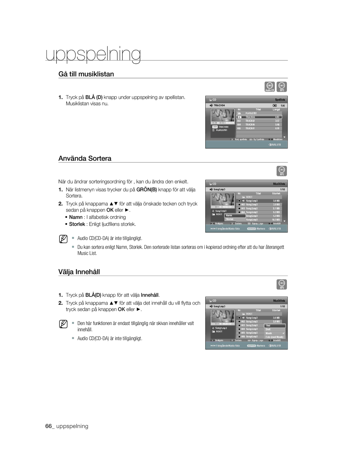 Samsung DVD-SH893A/XEE manual Gå till musiklistan, Använda Sortera, Välja Innehåll 