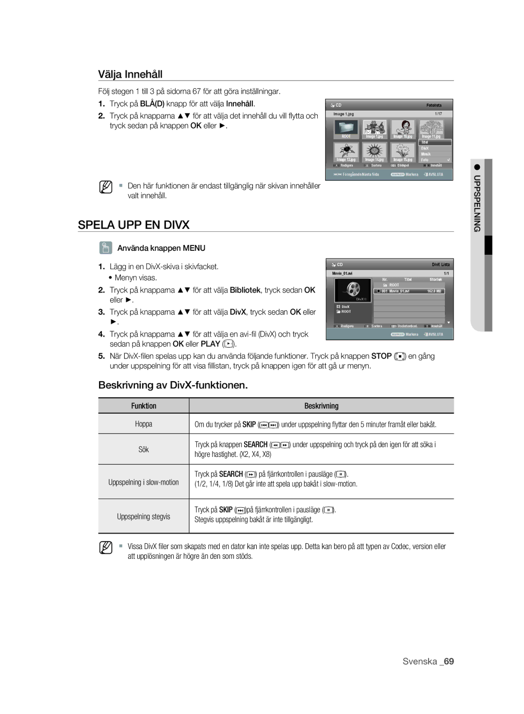 Samsung DVD-SH893A/XEE manual Spela UPP EN Divx, Beskrivning av DivX-funktionen 