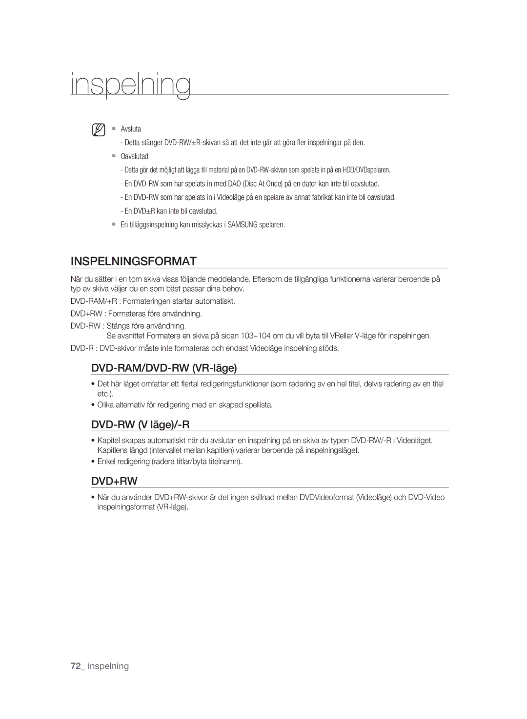 Samsung DVD-SH893A/XEE manual Inspelningsformat, DVD-RAM/DVD-RW VR-läge, DVD-RW V läge/-R 
