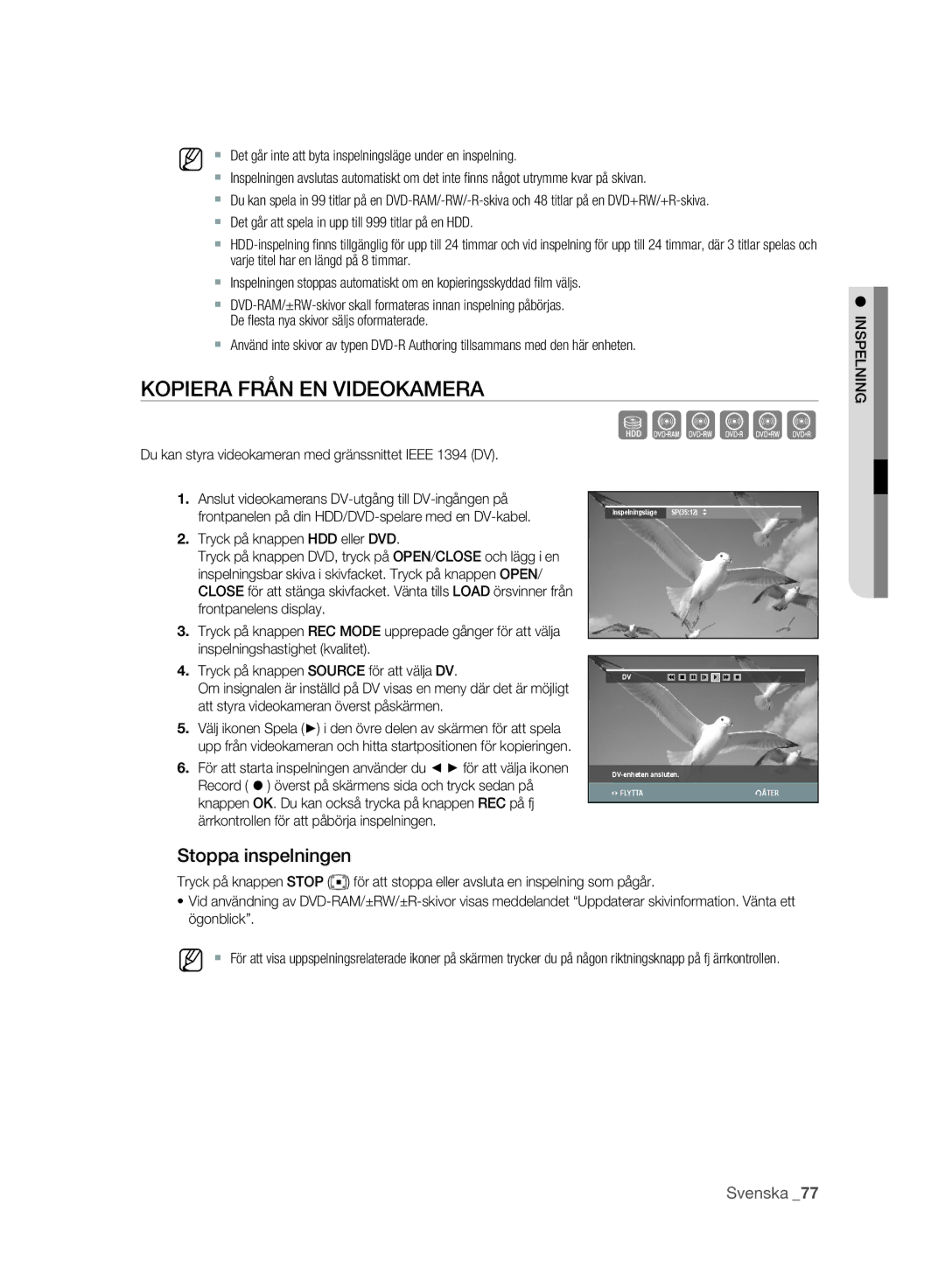 Samsung DVD-SH893A/XEE manual Kopiera Från EN Videokamera, Du kan styra videokameran med gränssnittet Ieee 1394 DV 