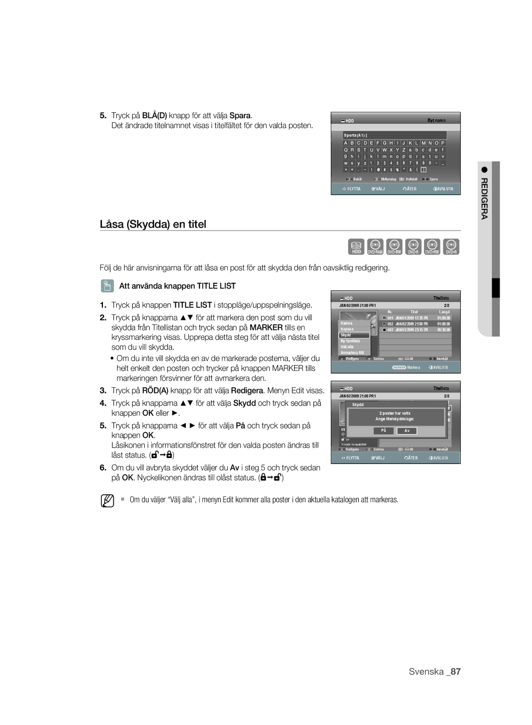 Samsung DVD-SH893A/XEE manual Låsa Skydda en titel, Tryck på Blåd knapp för att välja Spara, Redigera 