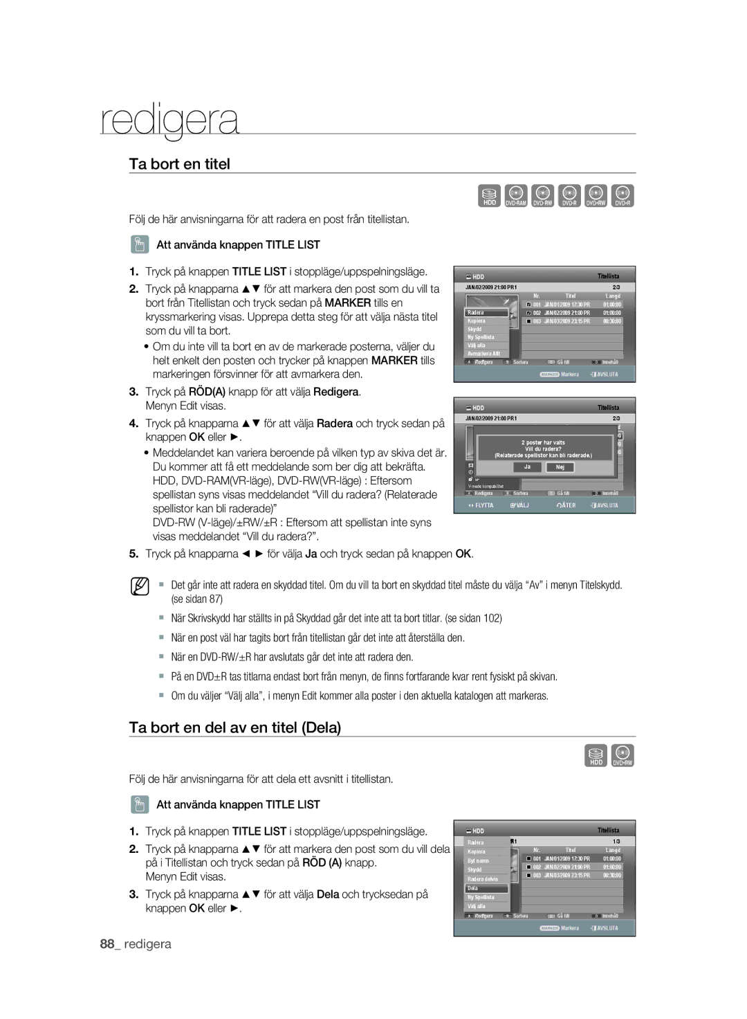 Samsung DVD-SH893A/XEE manual Ta bort en titel, Ta bort en del av en titel Dela 