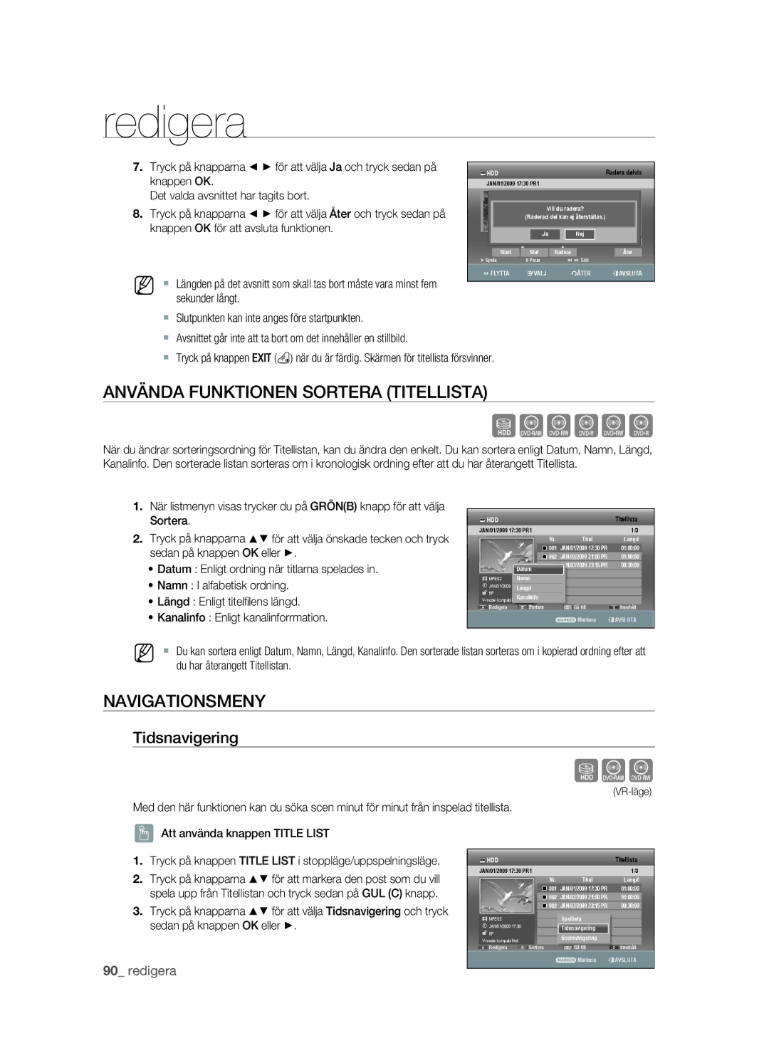 Samsung DVD-SH893A/XEE manual Använda Funktionen Sortera Titellista, Navigationsmeny, Tidsnavigering 