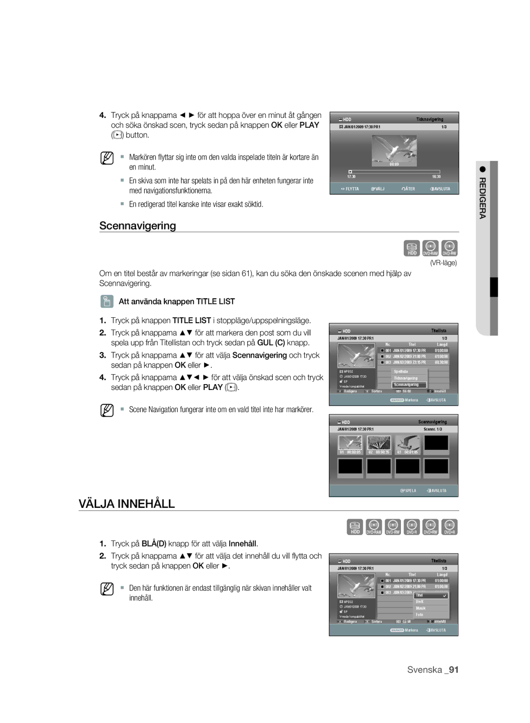 Samsung DVD-SH893A/XEE manual Välja Innehåll, Scennavigering,  En redigerad titel kanske inte visar exakt söktid 