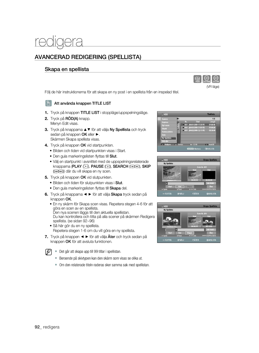 Samsung DVD-SH893A/XEE manual Avancerad Redigering Spellista, Skapa en spellista 