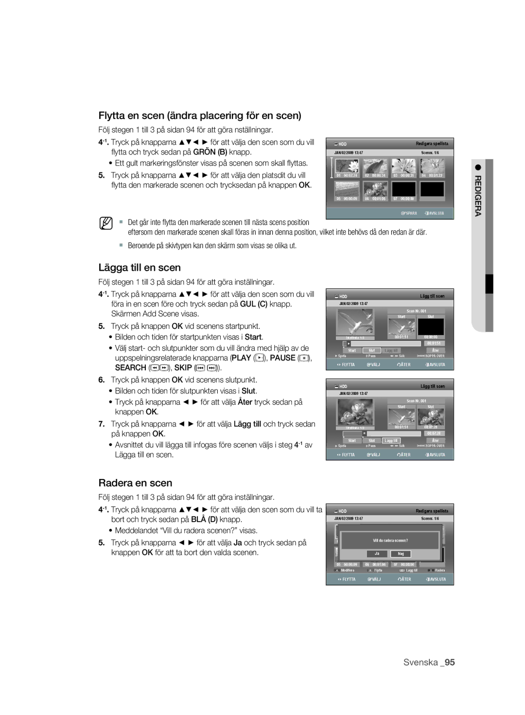 Samsung DVD-SH893A/XEE manual Flytta en scen ändra placering för en scen, Lägga till en scen, Radera en scen 