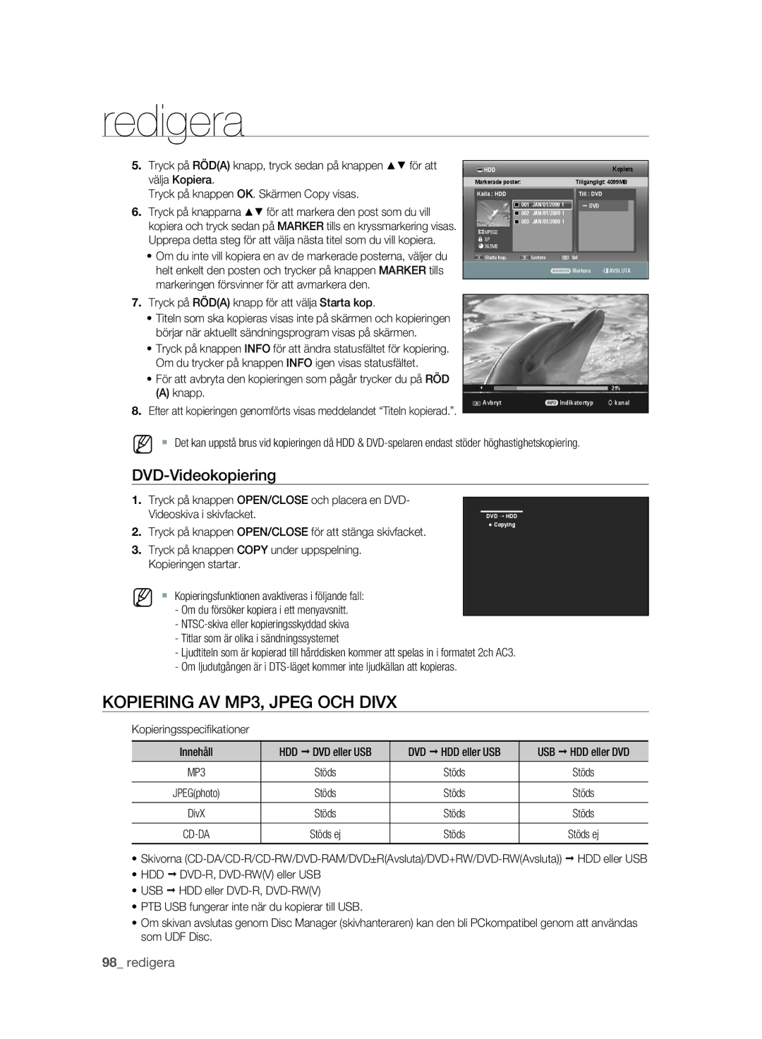 Samsung DVD-SH893A/XEE manual Kopiering AV MP3, Jpeg OCH Divx, DVD-Videokopiering, Videoskiva i skivfacket 