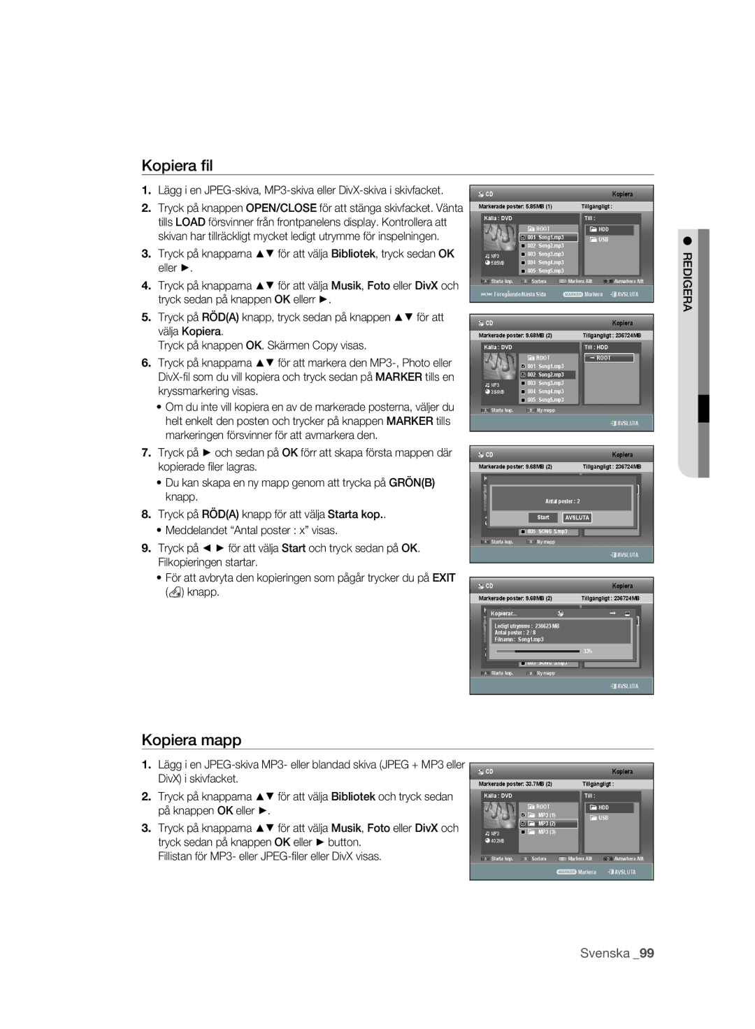 Samsung DVD-SH893A/XEE manual Kopiera ﬁl, Kopiera mapp 