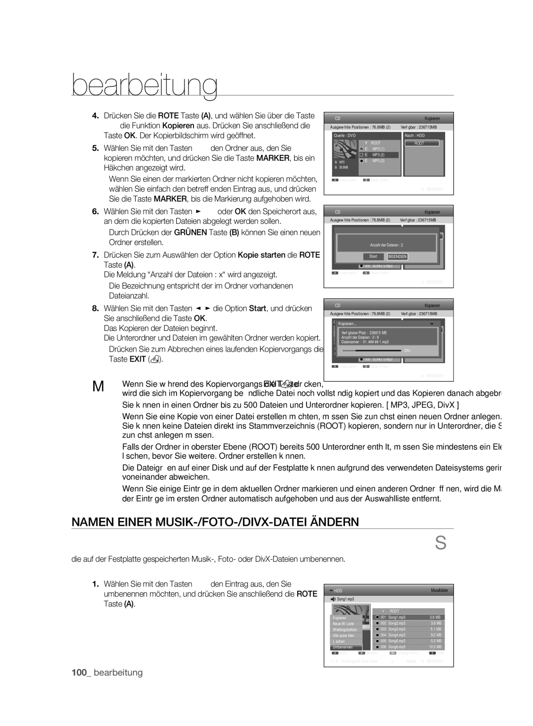 Samsung DVD-SH893A/XEG, DVD-SH893A/EDC, DVD-SH895A/XEG, DVD-SH895A/XEF manual Namen Einer MUSIK-/FOTO-/DIVX-DATEI Ändern 