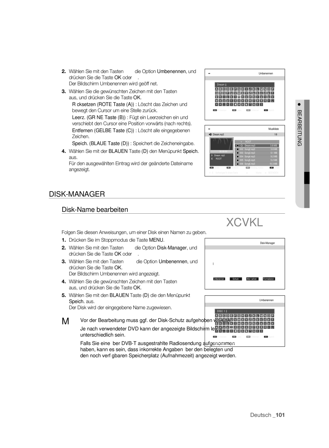 Samsung DVD-SH893A/EDC, DVD-SH893A/XEG Xcvkl, Disk-Manager, Disk-Name bearbeiten, Der Bildschirm Umbenennen wird geöff net 