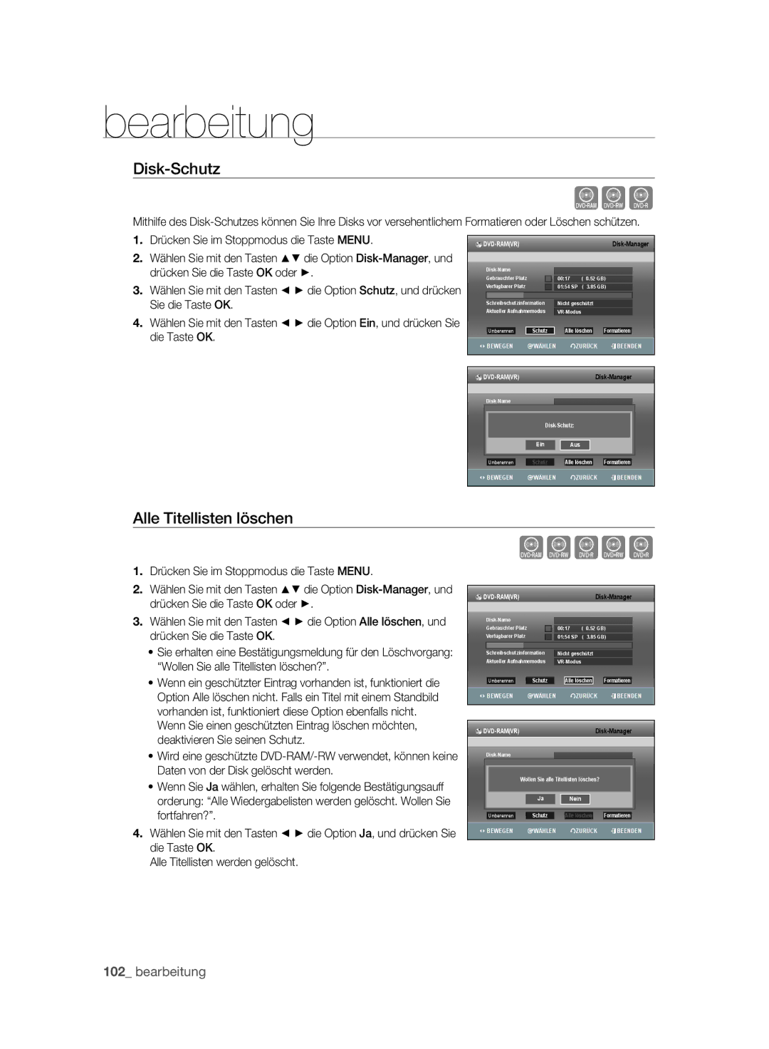 Samsung DVD-SH895A/XEG, DVD-SH893A/XEG, DVD-SH893A/EDC, DVD-SH895A/XEF manual Xcv, Disk-Schutz, Alle Titellisten löschen 