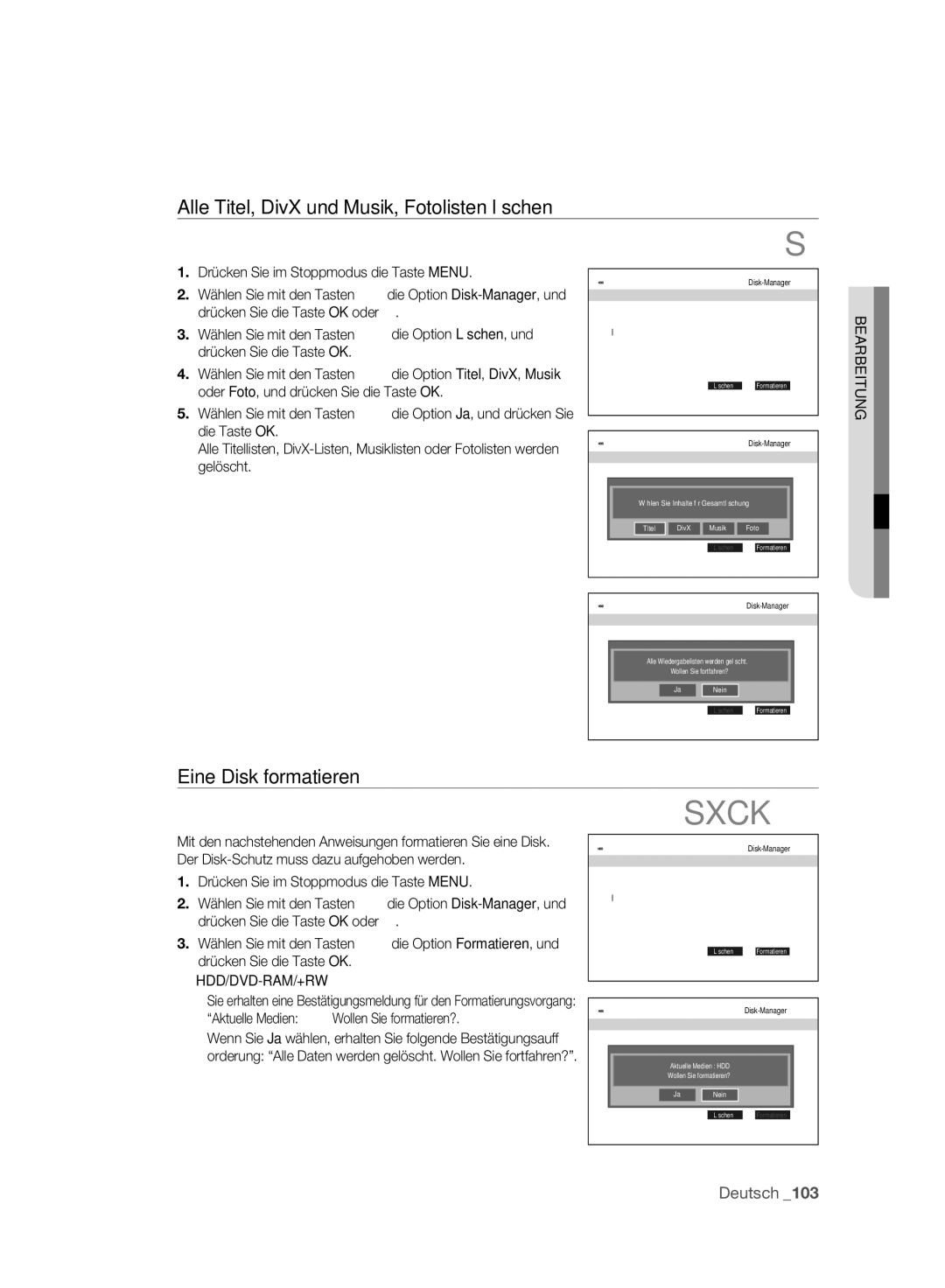 Samsung DVD-SH895A/XEF manual Alle Titel, DivX und Musik, Fotolisten löschen, Eine Disk formatieren, Hdd/Dvd-Ram/+Rw 