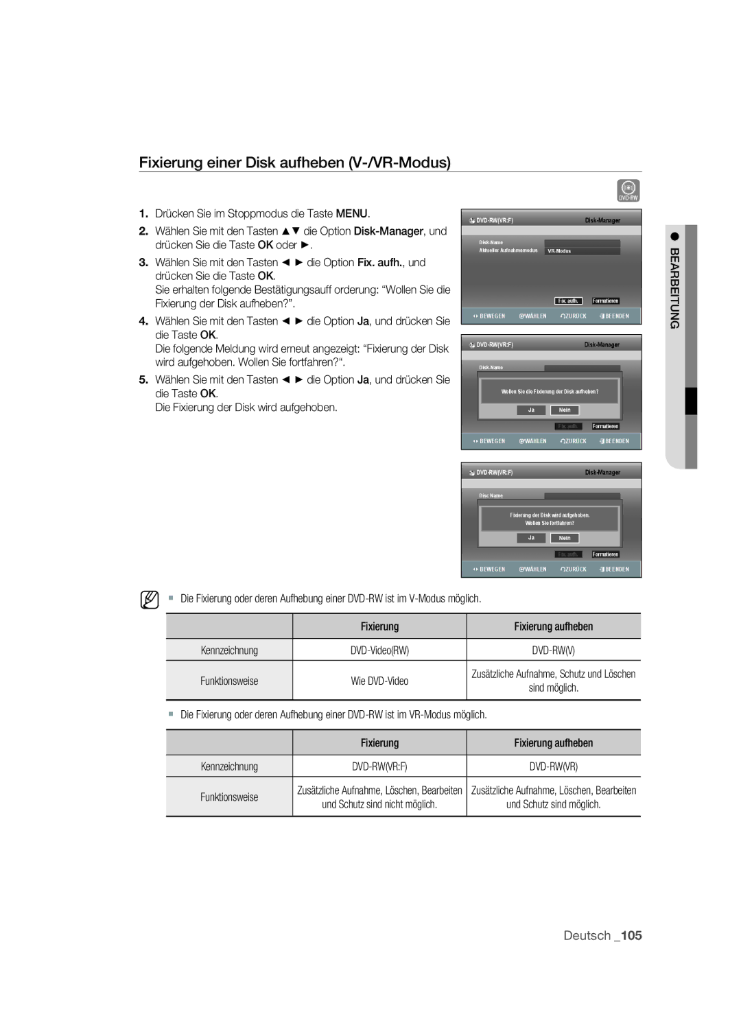 Samsung DVD-SH893A/XEG, DVD-SH893A/EDC, DVD-SH895A/XEG manual Fixierung einer Disk aufheben V-/VR-Modus, Funktionsweise 