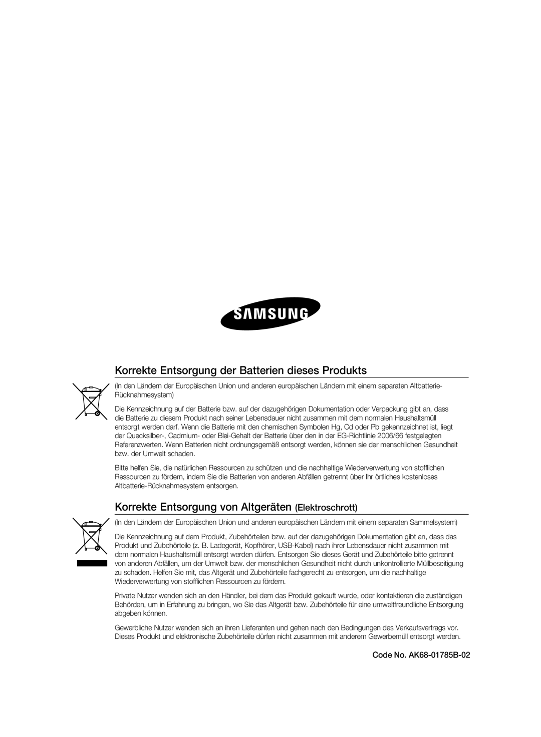 Samsung DVD-SH893A/EDC, DVD-SH893A/XEG manual Korrekte Entsorgung der Batterien dieses Produkts, Code No. AK68-01785B-02 