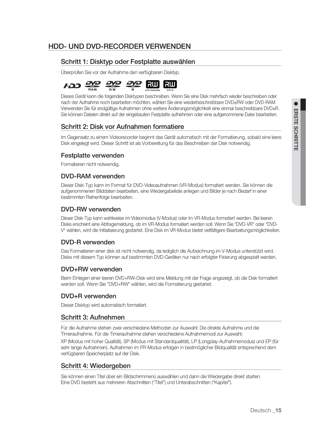 Samsung DVD-SH893A/XEG, DVD-SH893A/EDC, DVD-SH895A/XEG, DVD-SH895A/XEF, DVD-SH893A/XEF manual HDD- UND DVD-RECORDER Verwenden 