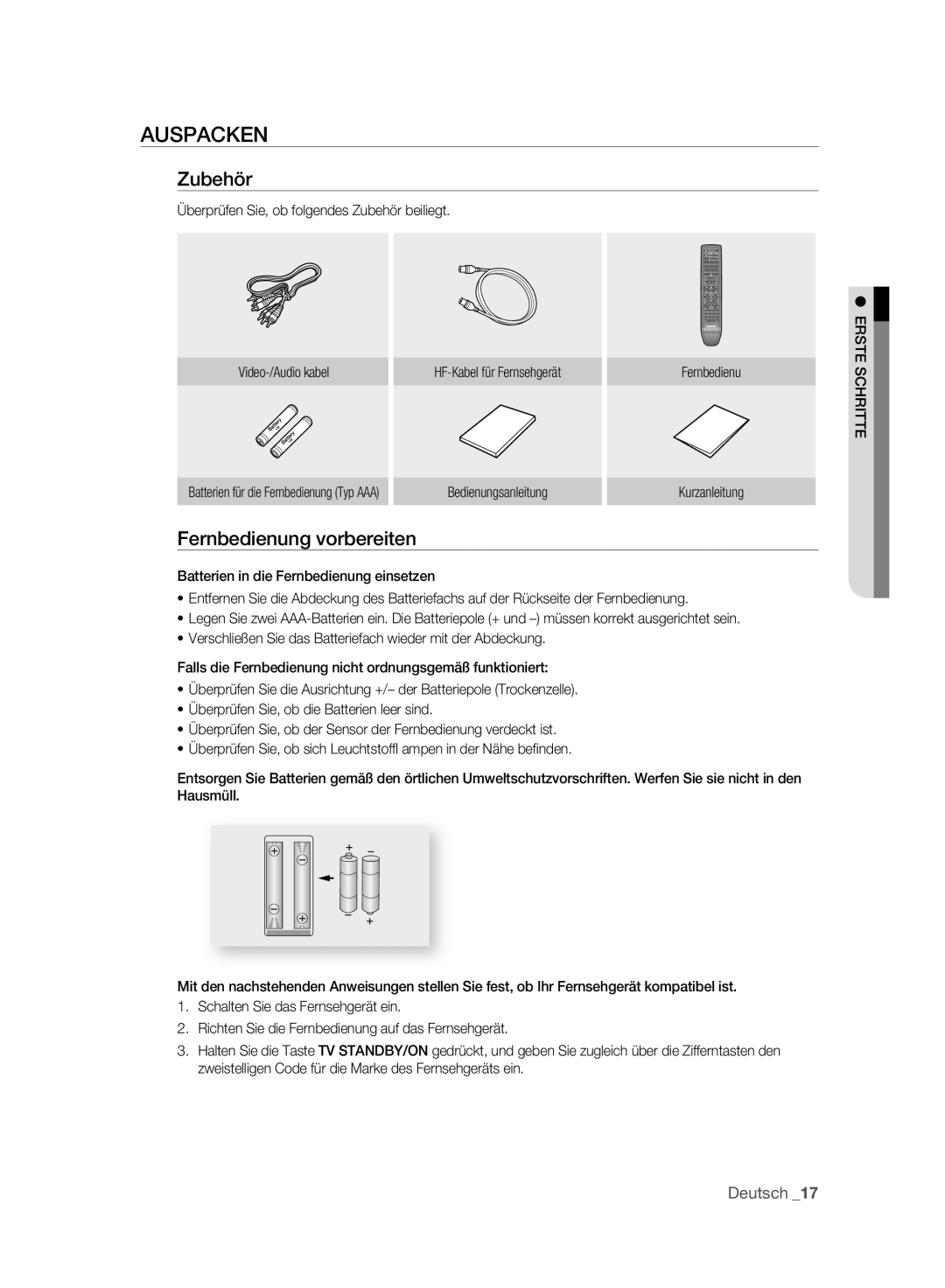 Samsung DVD-SH895A/XEG, DVD-SH893A/XEG, DVD-SH893A/EDC Auspacken, Zubehör, Fernbedienung vorbereiten, Bedienungsanleitung 