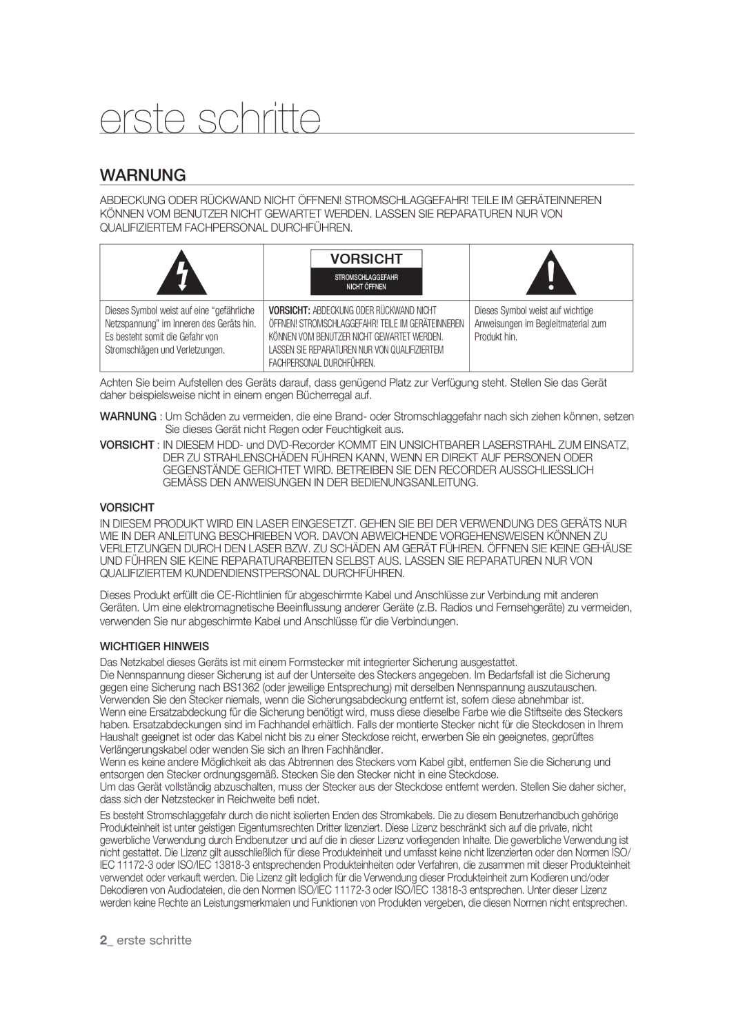 Samsung DVD-SH895A/XEG, DVD-SH893A/XEG, DVD-SH893A/EDC, DVD-SH895A/XEF Warnung, Vorsicht, Wichtiger Hinweis, Produkt hin 