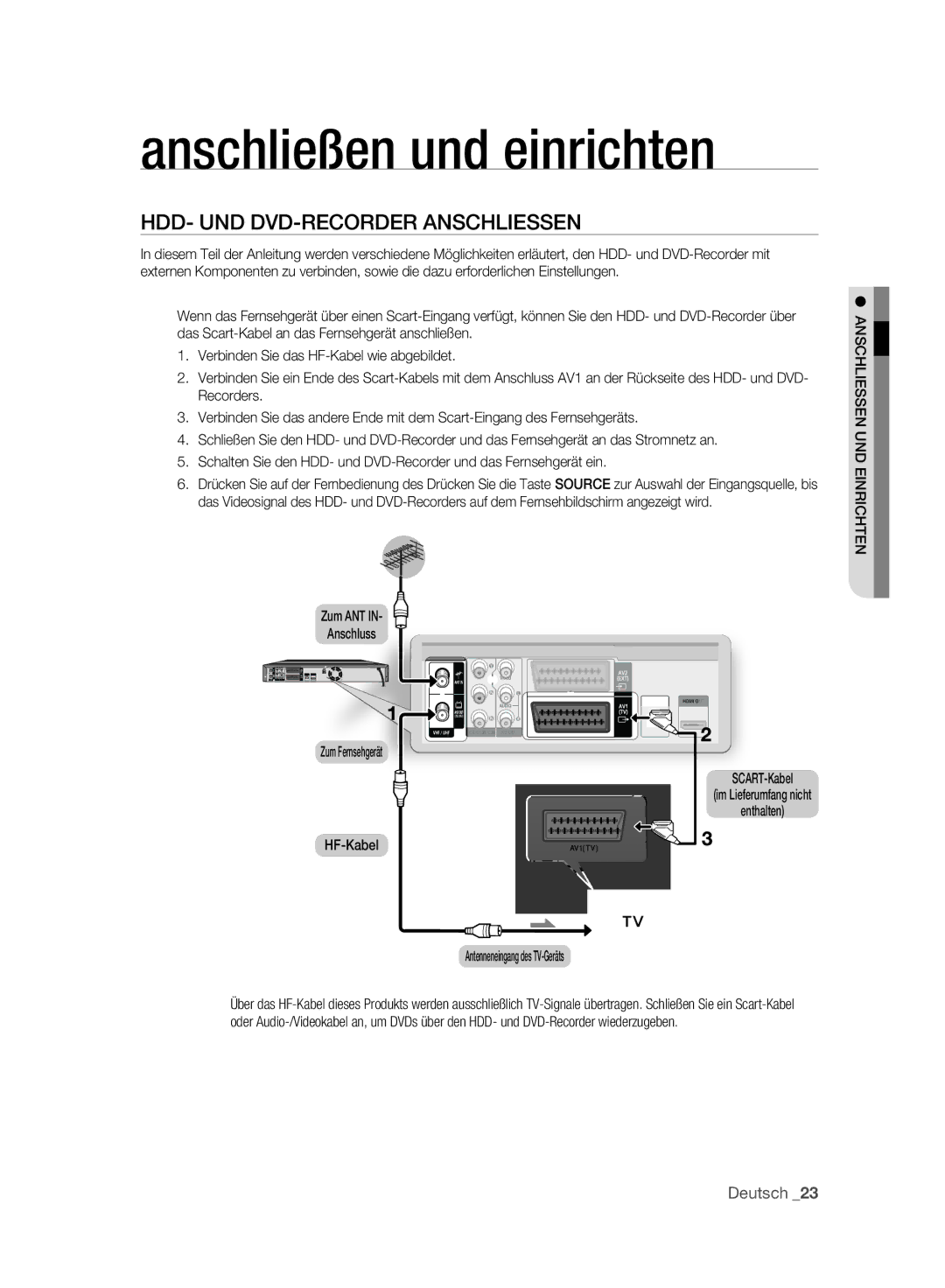 Samsung DVD-SH895A/XEF, DVD-SH893A/XEG HDD- UND DVD-RECORDER Anschliessen, Zum ANT Anschluss Zum Fernsehgerät SCART-Kabel 