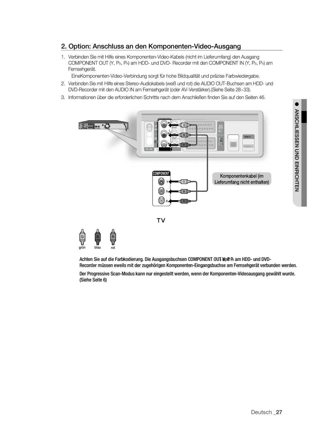 Samsung DVD-SH895A/XEG Option Anschluss an den Komponenten-Video-Ausgang, Komponentenkabel im Lieferumfang nicht enthalten 