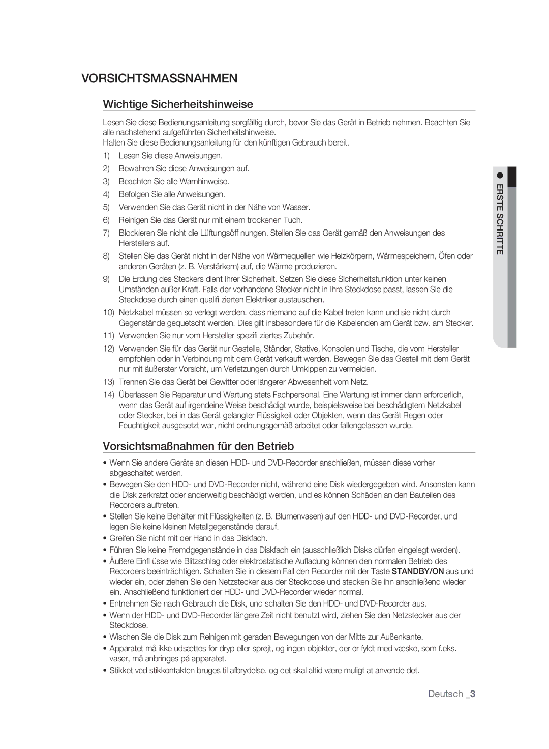 Samsung DVD-SH895A/XEF manual Vorsichtsmassnahmen, Wichtige Sicherheitshinweise, Vorsichtsmaßnahmen für den Betrieb 