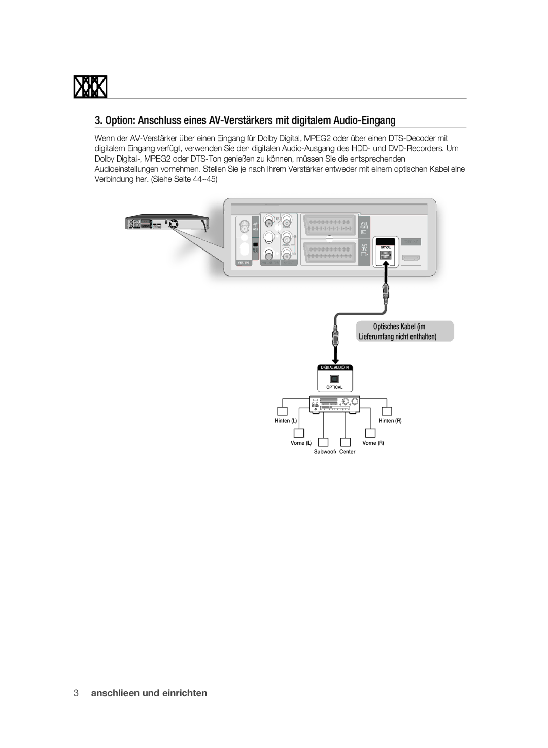 Samsung DVD-SH893A/XEG, DVD-SH893A/EDC, DVD-SH895A/XEG, DVD-SH895A/XEF manual Optisches Kabel im Lieferumfang nicht enthalten 