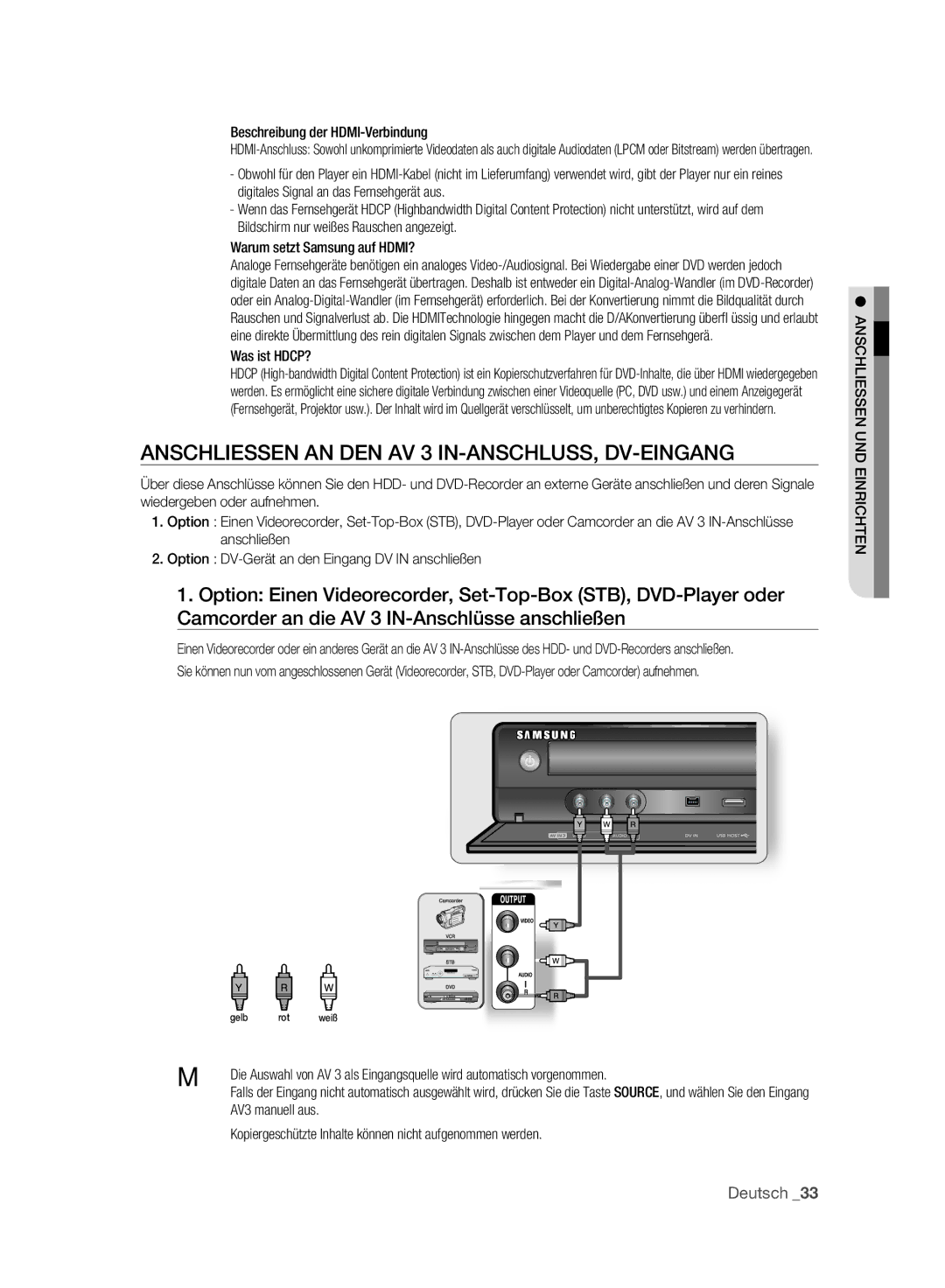 Samsung DVD-SH895A/XEF manual Anschliessen AN DEN AV 3 IN-ANSCHLUSS, DV-EINGANG,  Beschreibung der HDMI-Verbindung 