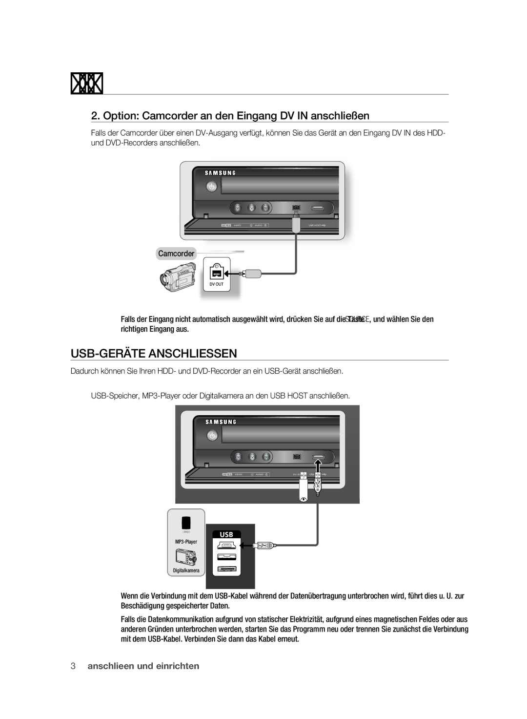 Samsung DVD-SH893A/XEF, DVD-SH893A/XEG manual USB-GERÄTE Anschliessen, Option Camcorder an den Eingang DV in anschließen 