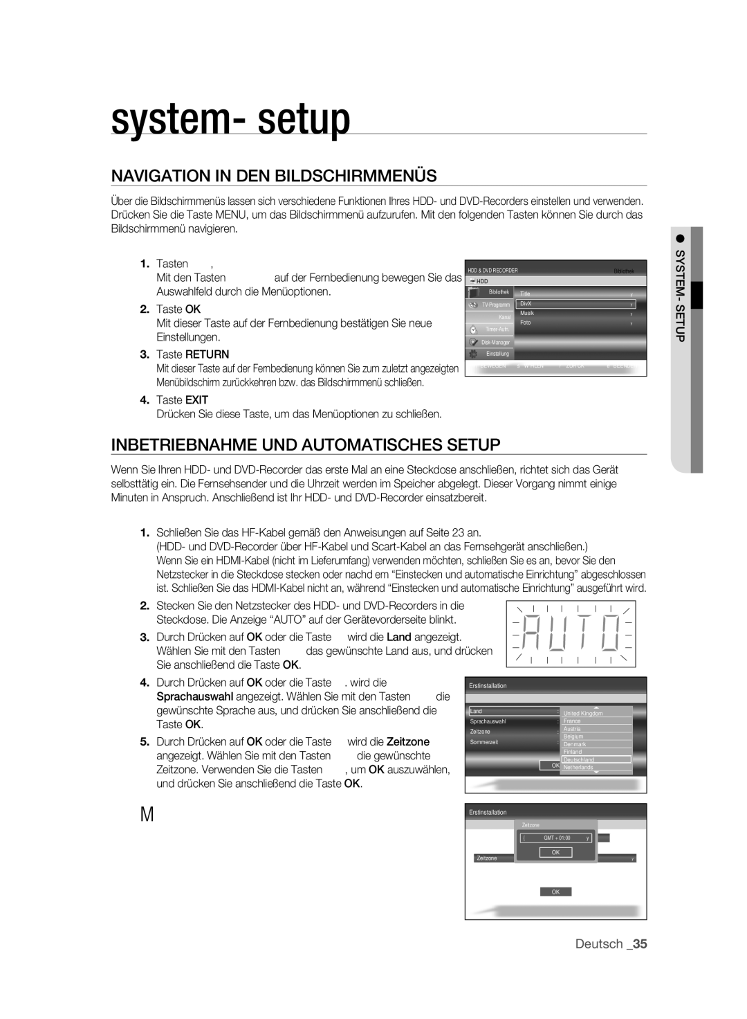 Samsung DVD-SH893A/XEG manual Navigation in DEN Bildschirmmenüs, Inbetriebnahme UND Automatisches Setup, Taste Exit 