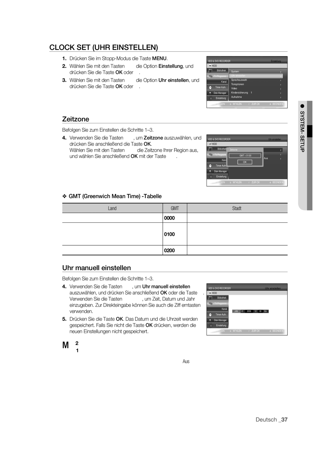 Samsung DVD-SH895A/XEG, DVD-SH893A/XEG, DVD-SH893A/EDC manual Clock SET UHR Einstellen, Zeitzone, Uhr manuell einstellen, Gmt 