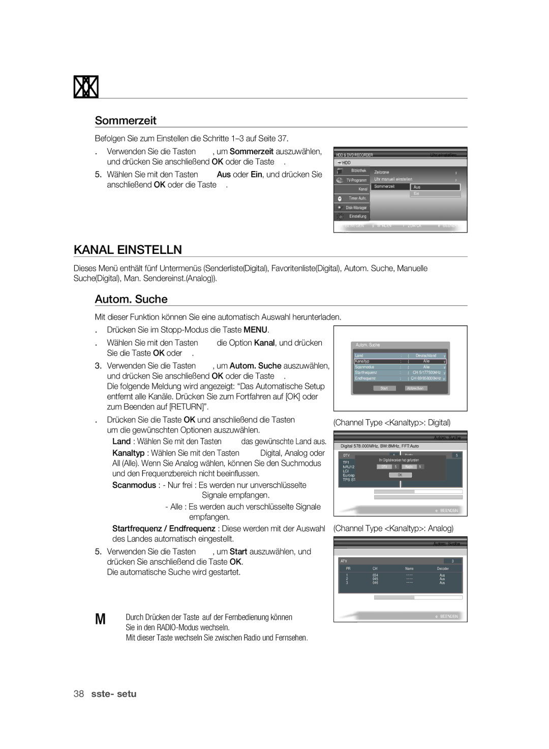 Samsung DVD-SH895A/XEF, DVD-SH893A/XEG, DVD-SH893A/EDC, DVD-SH895A/XEG manual Kanal Einstelln, Sommerzeit, Autom. Suche 