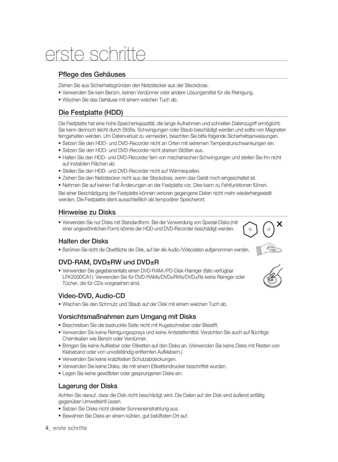 Samsung DVD-SH893A/XEF Pﬂege des Gehäuses, Die Festplatte HDD, Hinweise zu Disks, Halten der Disks, Video-DVD, Audio-CD 