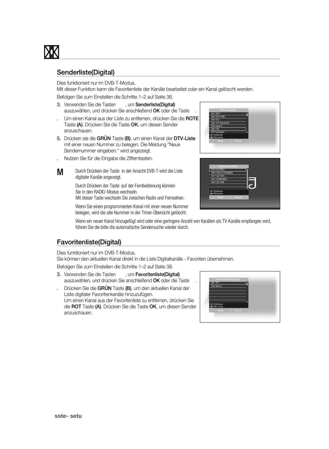 Samsung DVD-SH893A/XEG, DVD-SH893A/EDC, DVD-SH895A/XEG, DVD-SH895A/XEF manual SenderlisteDigital, FavoritenlisteDigital 