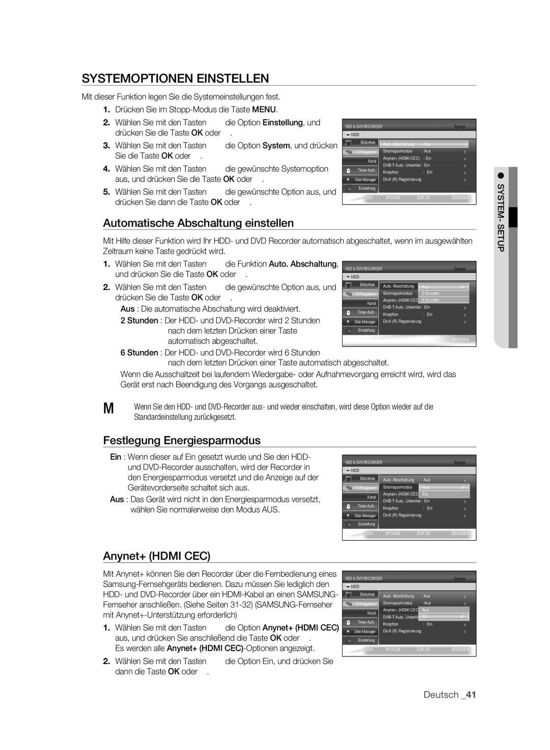 Samsung DVD-SH893A/EDC manual Systemoptionen Einstellen, Automatische Abschaltung einstellen, Festlegung Energiesparmodus 