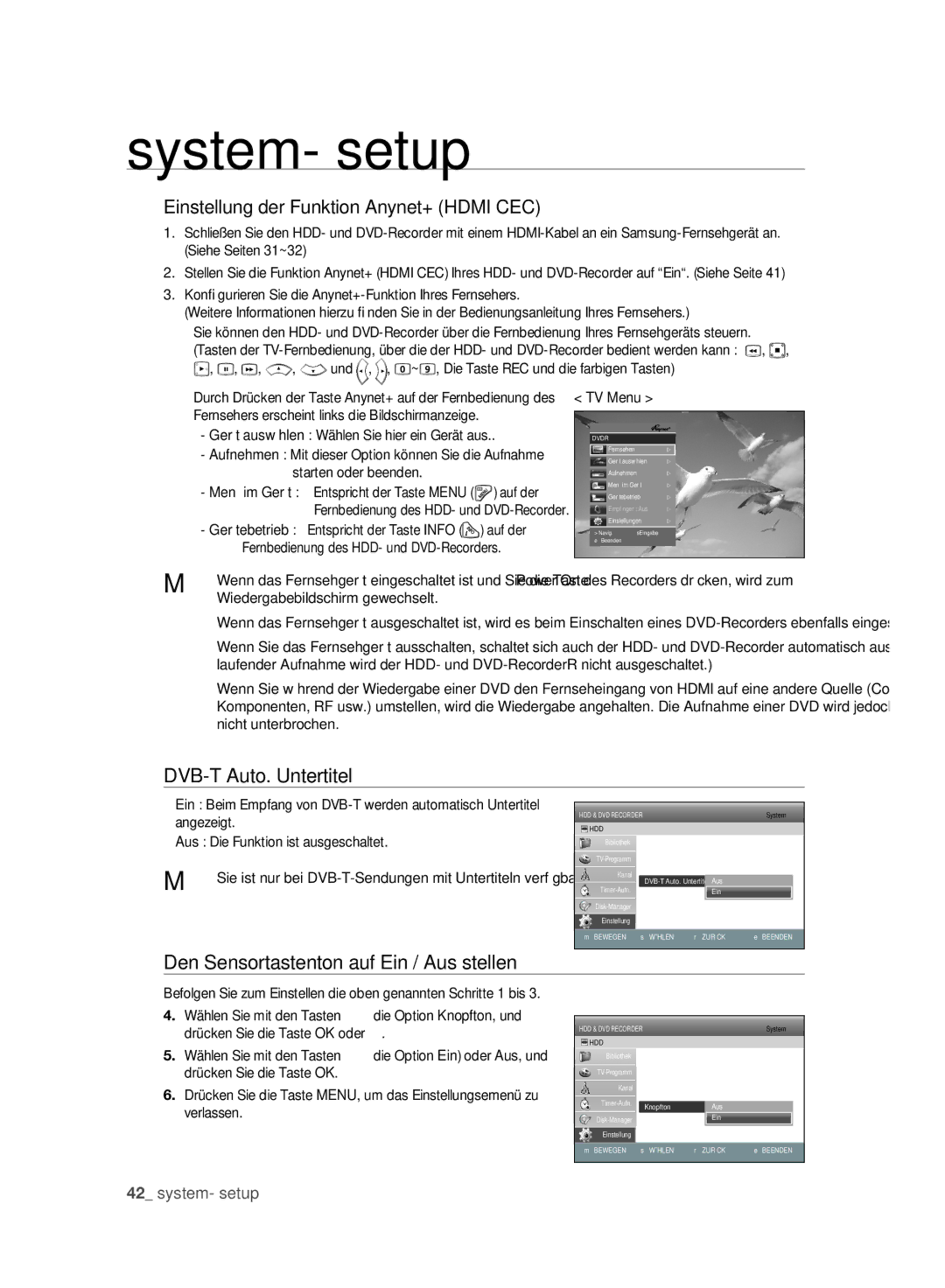 Samsung DVD-SH895A/XEG, DVD-SH893A/XEG, DVD-SH893A/EDC Einstellung der Funktion Anynet+ Hdmi CEC, DVB-T Auto. Untertitel 