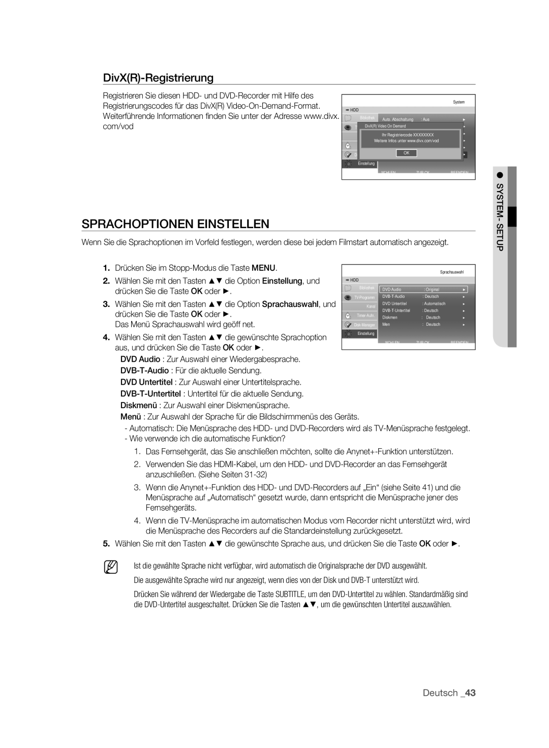 Samsung DVD-SH895A/XEF, DVD-SH893A/XEG, DVD-SH893A/EDC, DVD-SH895A/XEG manual Sprachoptionen Einstellen, DivXR-Registrierung 