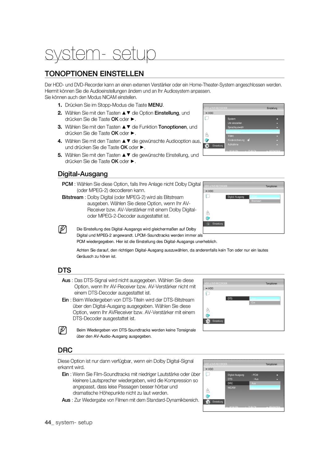 Samsung DVD-SH893A/XEF, DVD-SH893A/XEG manual Tonoptionen Einstellen, Digital-Ausgang, Und drücken Sie die Taste OK oder 