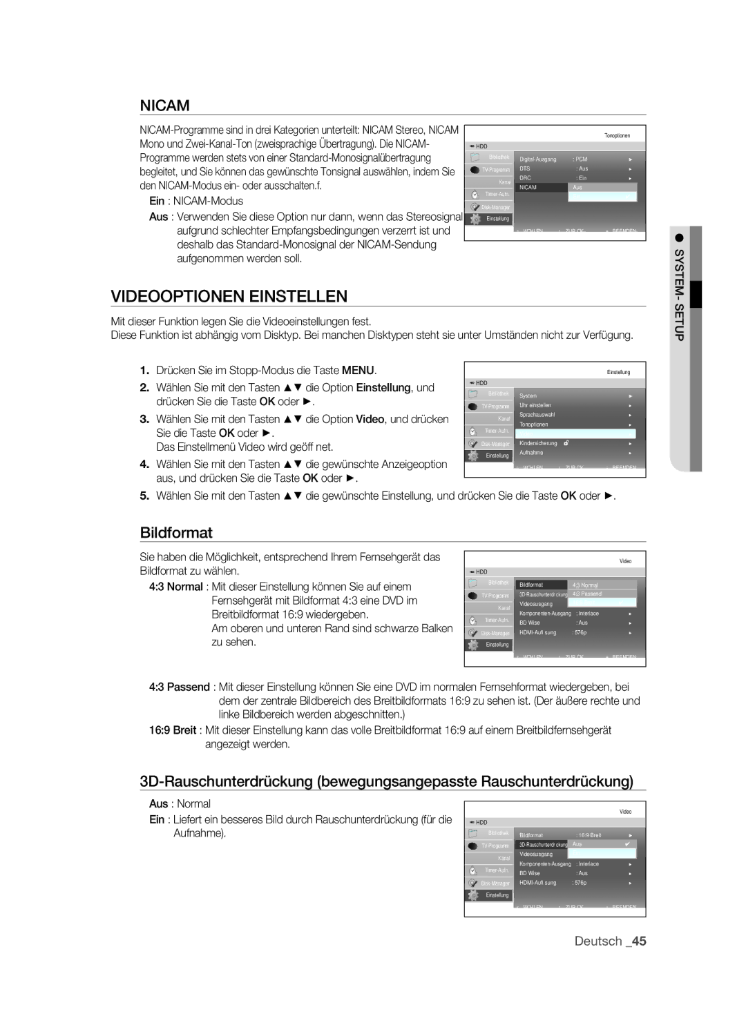 Samsung DVD-SH893A/XEG, DVD-SH893A/EDC, DVD-SH895A/XEG, DVD-SH895A/XEF manual Videooptionen Einstellen, Bildformat, Aufnahme 