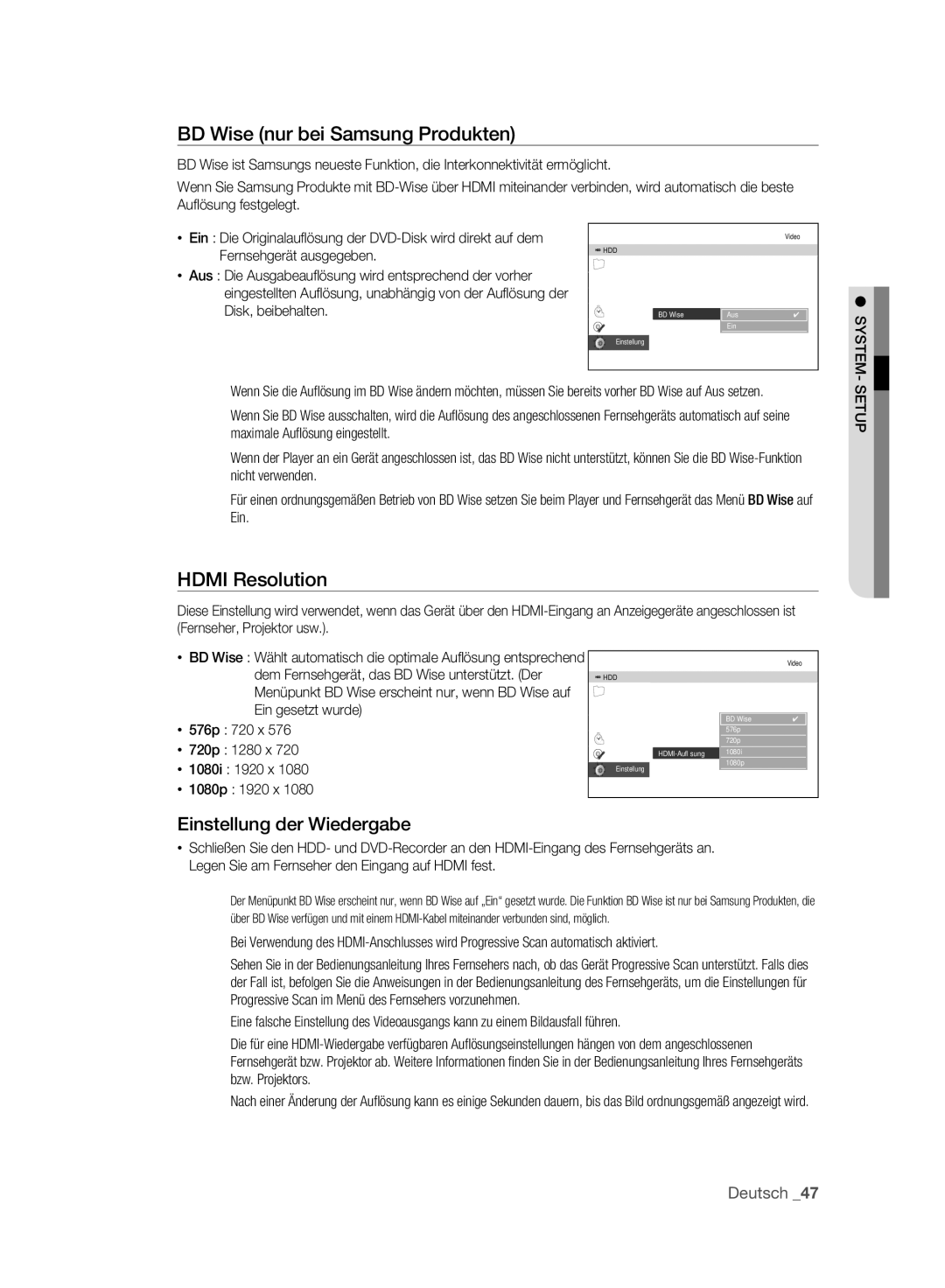 Samsung DVD-SH895A/XEG, DVD-SH893A/XEG manual BD Wise nur bei Samsung Produkten, Hdmi Resolution, Einstellung der Wiedergabe 