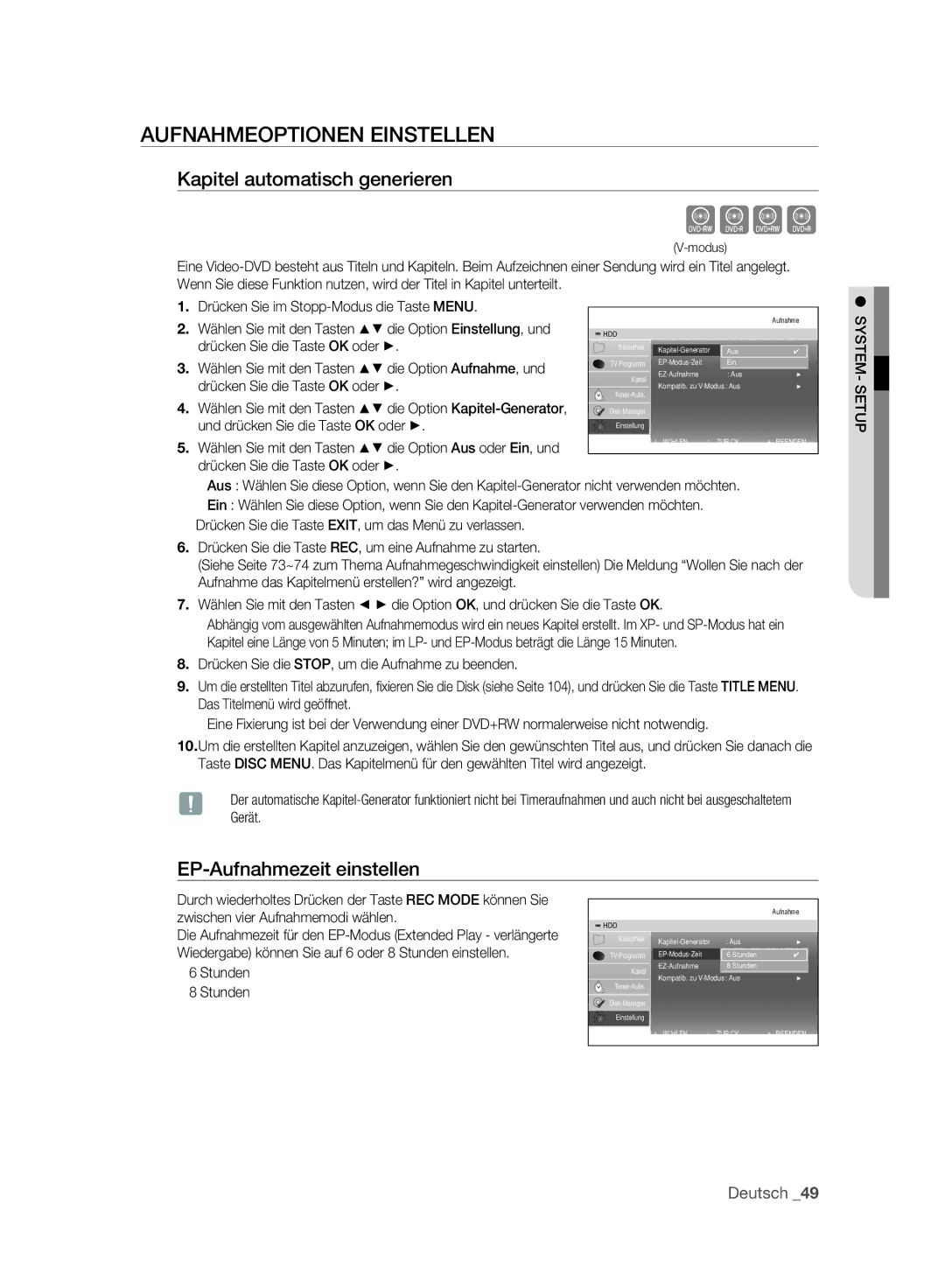 Samsung DVD-SH893A/XEF manual Cvkl, Aufnahmeoptionen Einstellen, Kapitel automatisch generieren, EP-Aufnahmezeit einstellen 