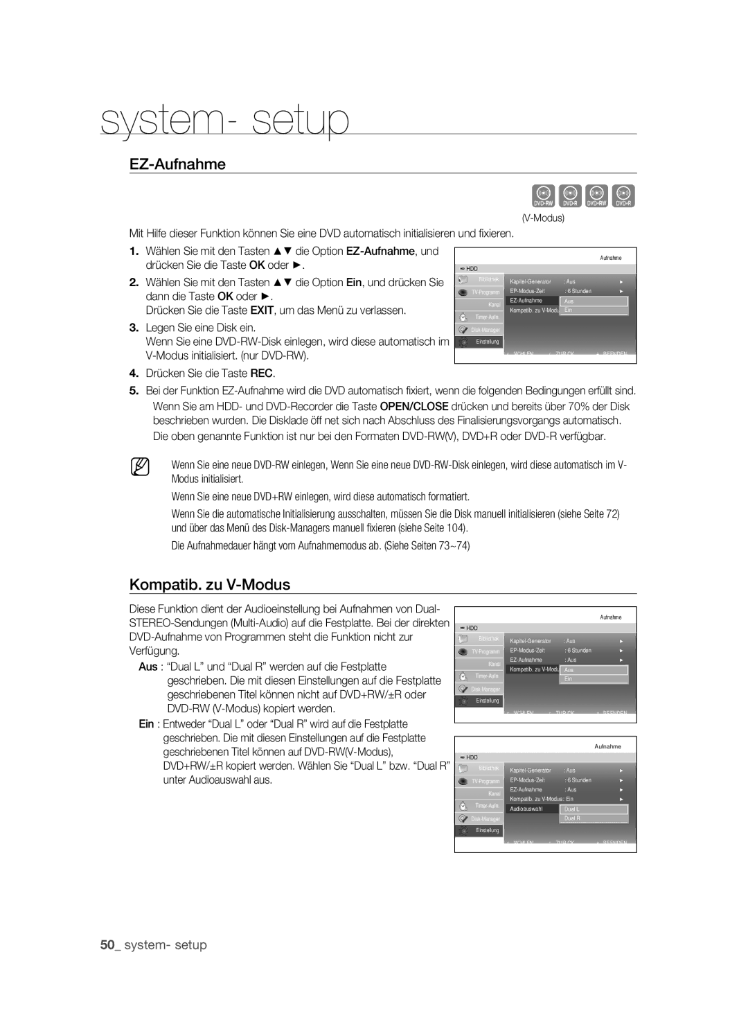 Samsung DVD-SH893A/XEG manual EZ-Aufnahme, Kompatib. zu V-Modus, Drücken Sie die Taste EXIT, um das Menü zu verlassen 