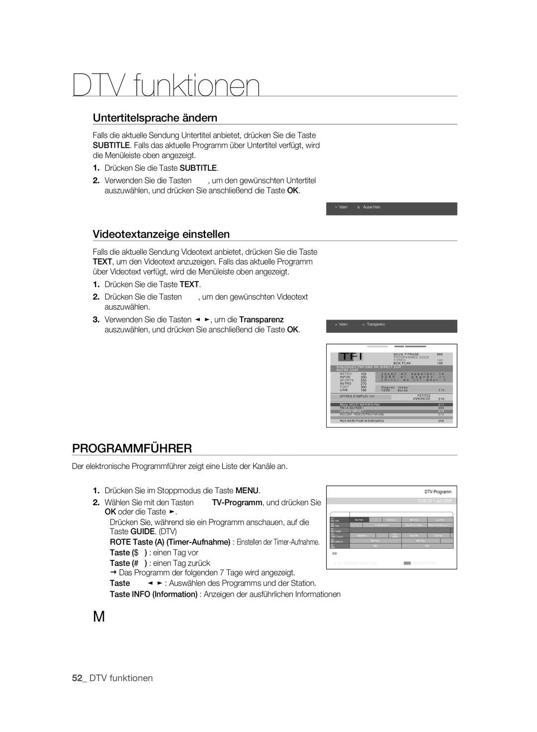 Samsung DVD-SH895A/XEG, DVD-SH893A/XEG manual Programmführer, Untertitelsprache ändern, Videotextanzeige einstellen 