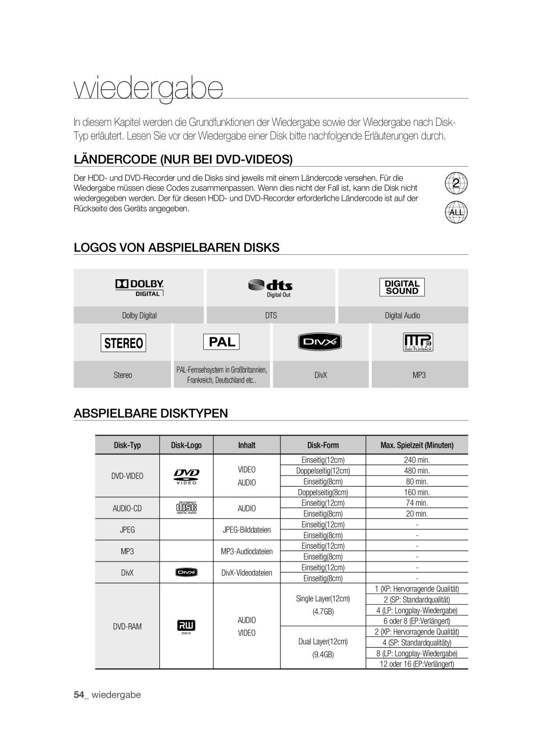 Samsung DVD-SH893A/XEF manual Ländercode NUR BEI DVD-VIDEOS, Logos VON Abspielbaren Disks, Abspielbare Disktypen, Video 