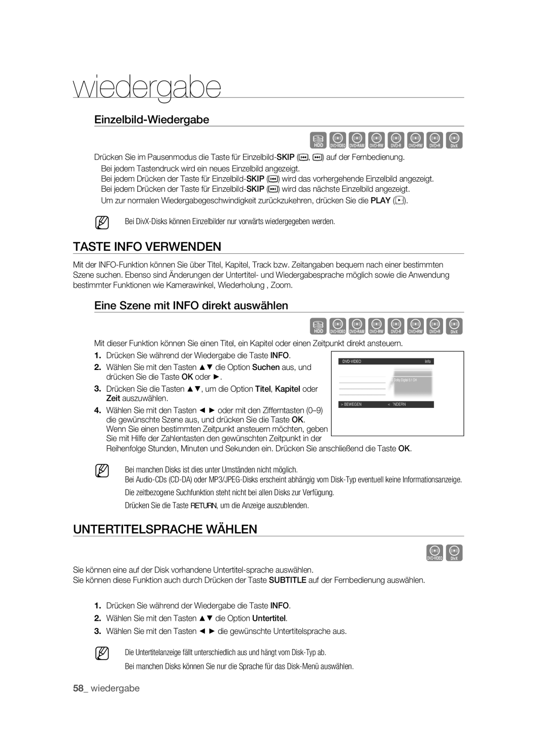 Samsung DVD-SH895A/XEF, DVD-SH893A/XEG manual Taste Info Verwenden, Untertitelsprache Wählen, Einzelbild-Wiedergabe 