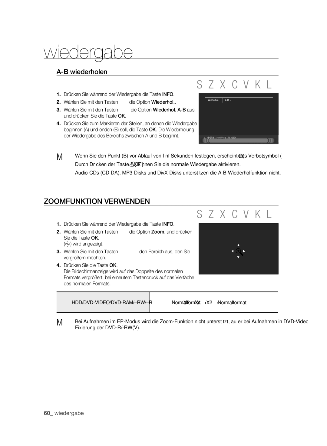 Samsung DVD-SH893A/XEG, DVD-SH893A/EDC manual Szxcvkl, Zoomfunktion Verwenden, Wiederholen, Sie die Taste OK Wird angezeigt 