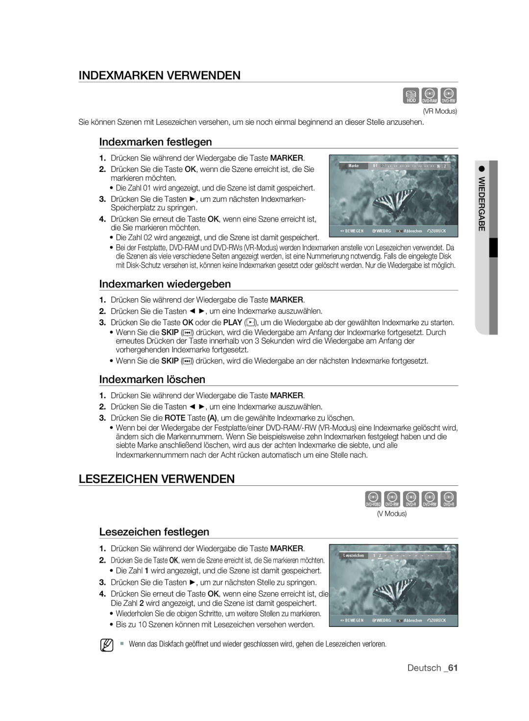 Samsung DVD-SH893A/EDC, DVD-SH893A/XEG, DVD-SH895A/XEG manual Sxc, Zcvkl, Indexmarken Verwenden, Lesezeichen Verwenden 