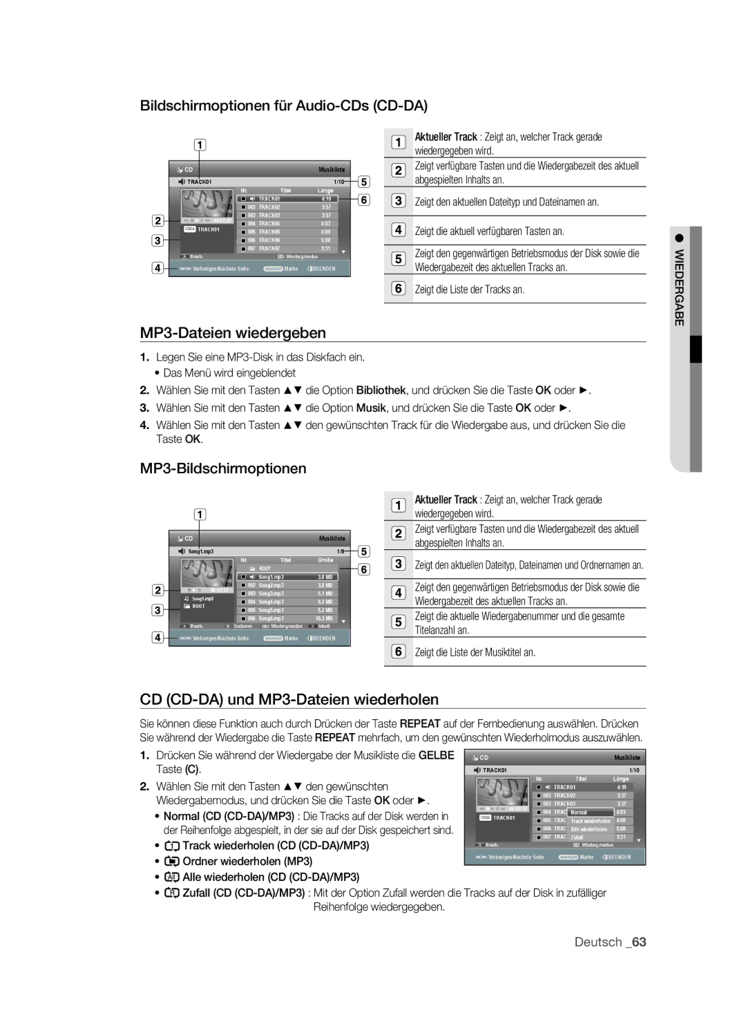 Samsung DVD-SH895A/XEF manual Bildschirmoptionen für Audio-CDs CD-DA, MP3-Dateien wiedergeben, MP3-Bildschirmoptionen 