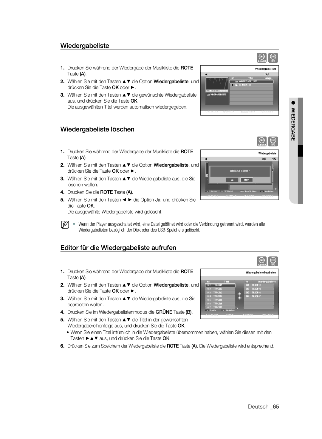 Samsung DVD-SH893A/XEG, DVD-SH893A/EDC, DVD-SH895A/XEG Wiedergabeliste löschen, Editor für die Wiedergabeliste aufrufen 