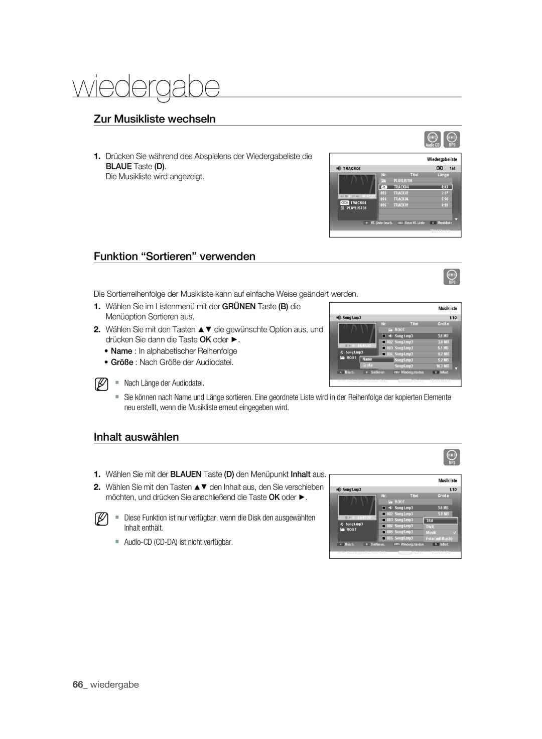 Samsung DVD-SH893A/EDC, DVD-SH893A/XEG manual Zur Musikliste wechseln, Funktion Sortieren verwenden, Inhalt auswählen 