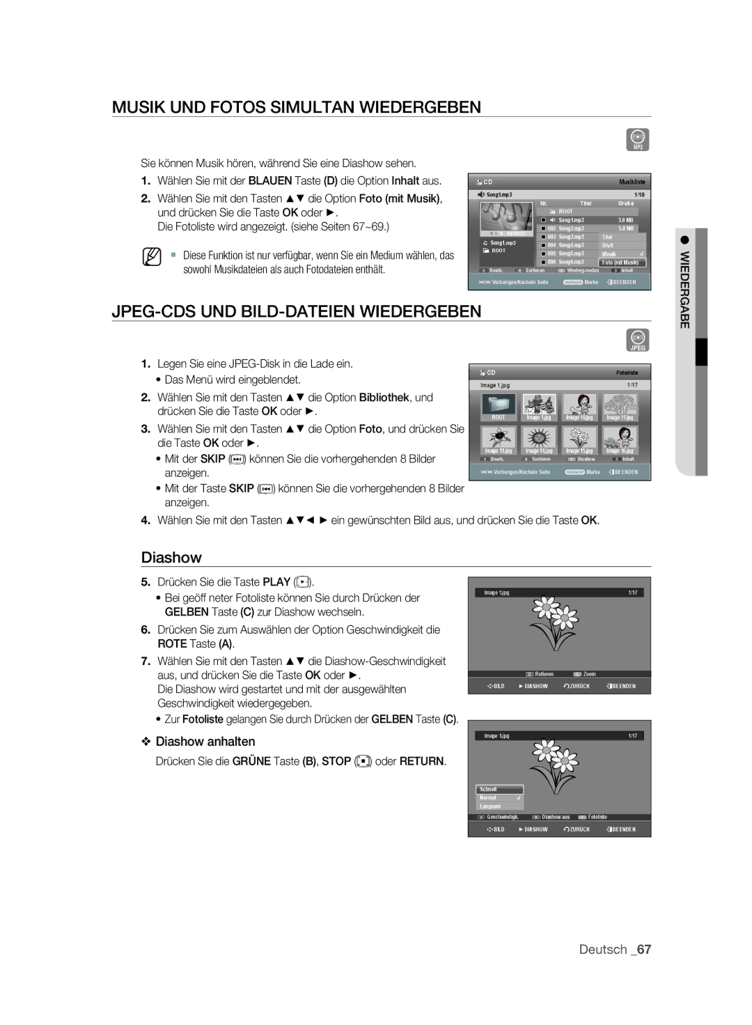 Samsung DVD-SH895A/XEG manual Musik UND Fotos Simultan Wiedergeben, JPEG-CDS UND BILD-DATEIEN Wiedergeben, Diashow 